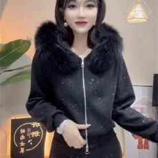 批发现货网红时尚毛领加绒套装女新款冬亮片连帽外套阔腿裤两件套#928