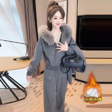 批发现货洋气休闲时髦拼接毛绒领套装女2026冬季新款高级感两件套#928