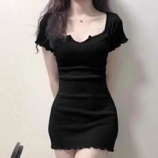 批发辣妹蓝色v领短袖t恤连衣裙女夏季小个子修身性感包臀a字短裙裙子