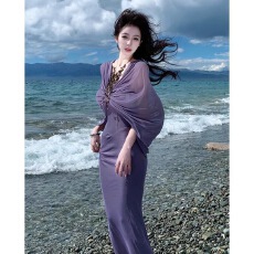 批发希腊风高级感紫色抹胸挂脖连衣裙设计小众收腰<b class='q'>包臀</b>裙海边度假<b class='q'>长裙</b>