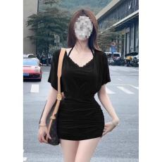 批发胖MM美式辣妹v领收腰包臀短袖连衣裙女夏季新款蕾丝吊带叠穿套装