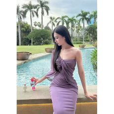 批发新中式无袖紫色包臀裙夏季收腰显瘦紧身<b class='q'>露背</b>纯欲御姐风a字长裙子