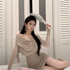 批发有货网纱裙子小妈一字肩<b class='q'>连衣裙</b>辣妹春季新款气质修身显瘦短裙