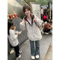 批发美式撞色格纹<b class='q'>卫衣</b>外套女2024春秋季新款休闲百搭宽松连帽拉链<b class='q'>开衫</b>