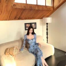 批发夜店春季新款法式复古印花<b class='q'>网纱</b><b class='q'>长裙</b>喇叭长袖荷叶边开叉修身连衣裙