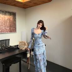 批发<b class='q'>夜店</b>春季新款法式复古印花网纱长裙喇叭长袖荷叶边开叉修身<b class='q'>连衣裙</b>