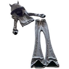 批发秋季女装休闲<b class='q'>运动</b>条纹套装2025洋气新款耳朵连帽上衣微喇裤两件套