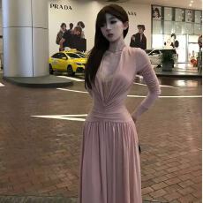 批发纯欲风蕾丝拼接新款显瘦收腰秋季2025长袖连衣裙性感长裙裙子ins