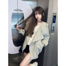 批发美式复古休闲风<b class='q'>开衫</b>拉链外套女秋冬新款慵懒风宽松设计感连帽<b class='q'>卫衣</b>