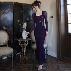 批发高级紫色拼接修身长裙气质长袖新款春季性感紫色显瘦连衣裙名媛