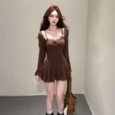 批发有货蕾丝拼接假两件连衣裙2025夏季新款时尚收腰<b class='q'>显瘦</b>绑带短裙子