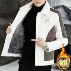 秋冬潮流外套夹克男青年加绒加厚拼色短款毛呢大衣男士休闲
