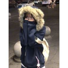 批发国<b class='q'>潮牌</b>藏青色小熊耳朵毛领<b class='q'>卫衣</b>女秋冬2025新款宽松学院风开衫外套