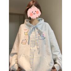 批发小狗刺绣秋冬加绒<b class='q'>甜美</b>学院风格纹蝴蝶结开衫拉链外套连帽卫衣女潮