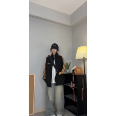 批发美式复古条纹<b class='q'>百搭</b>夹棉棉衣男女冬季运动连帽拉链情侣棉服外套