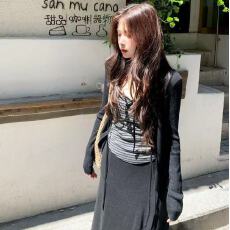 批发韩版气质一整套装女<b class='q'>秋</b>季绑带长袖开衫条纹吊带背心收腰显瘦半身裙