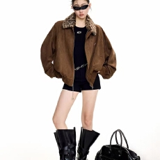 批发拼接豹纹翻领夹克复古外套2025秋季美式鹿皮绒宽松休闲夹克