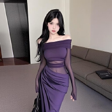 批发紫色韵味法式<b class='q'>名媛</b>风网纱拼接一字肩<b class='q'>连衣裙</b>女褶皱撩人镂空气质长裙