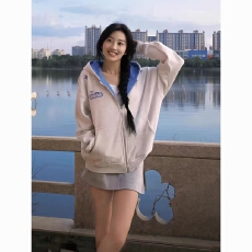 批发格子美式卫衣女春秋款纯棉刺绣拼接宽松连帽开衫慵懒休闲遮肉外套