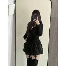 批发【莫尔代棉】十字架镂空半高领针织衫2025秋高腰蛋糕半身短裙