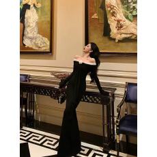 批发气质辣妹一字肩长袖修身显瘦连衣裙新款包臀鱼尾裙女礼服长裙