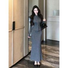 批发古典轮廓 2025秋季新款修身精致千金<b class='q'>轻熟</b>灰色飘带领结上衣+半身裙