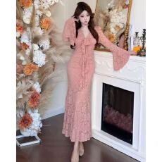 批发韩系时尚高级蝴蝶结拼接收腰喇叭袖镂空蕾丝裙女2025秋冬新款<b class='q'>长裙</b>