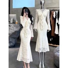 批发秋冬复古蕾丝加厚经典蝴蝶结收腰垂感显瘦鱼尾连衣裙<b class='q'>长裙</b>