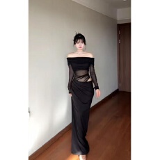 批发【原版面料】<b class='q'>网纱</b>拼接<b class='q'>连衣裙</b>女2025春季新款露腰镂空收腰长裙