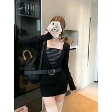 批发两件套荡领条纹抹胸长袖连衣裙女秋季性感辣妹修身<b class='q'>显瘦</b>包臀短裙子
