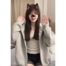 批发美式甜酷风复古感花纹拼接连帽开衫卫衣2025秋季新款宽松慵懒外套