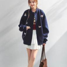 批发美式新中式ins卡通小狗刺绣开衫<b class='q'>卫衣</b><b class='q'>男</b>女秋季慵懒风宽松棒球外套