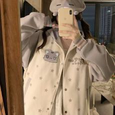 批发可爱猫咪魔术贴撞色连帽外套女秋冬款<b class='q'>甜美</b>百搭棒球服夹克