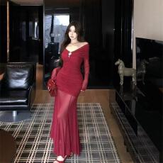 批发辣妹高级感春秋气质修身网纱一字肩长袖连衣裙女新款<b class='q'>礼服</b>包臀<b class='q'>长裙</b>