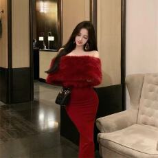 批发新款轻奢高级优雅千金气质一字肩长裙<b class='q'>大码</b>MM名媛晚礼服红色<b class='q'>连衣裙</b>