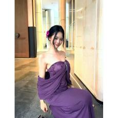 批发紫色性感风露背收腰显瘦包臀鱼尾长裙女<b class='q'>夏</b>设计感一字肩修身连衣裙