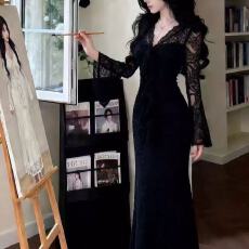 批发韩系轻熟风气质御姐飘带喇叭袖<b class='q'>连衣裙女</b>秋冬辣妹蕾丝收腰长裙