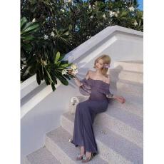 批发法式名媛多巴胺紧身<b class='q'>连衣裙</b><b class='q'>拼接</b>网纱露背紫色裙子