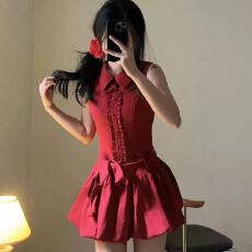 批发己出货 感气质红色衬衫<b class='q'>花苞</b>连衣<b class='q'>裙</b>女夏季小个子收腰显瘦短<b class='q'>裙</b>女