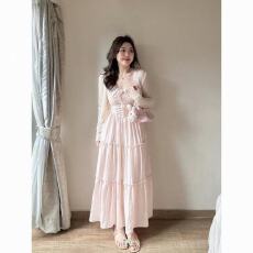 批发法式甜美粉色<b class='q'>蕾丝</b>拼接<b class='q'>吊带</b>连衣裙<b class='q'>吊带</b>裙夏季收腰防晒开衫套装长裙