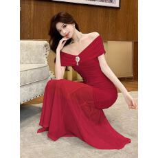 批发春季装女2026新款辣妹网纱修身包臀一字肩<b class='q'>长袖</b>连衣裙女轻奢高级感