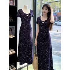 批发韩系复古蕾丝拼接V领气质短袖连衣裙女春夏扭结别致设计包臀<b class='q'>长裙</b>