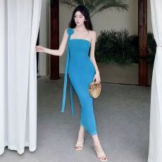 批发花朵挂脖吊带连衣裙女夏季性感包臀小妈长裙显身材<b class='q'>一字肩</b>抹胸裙子