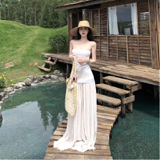 批发法式气质海边度假<b class='q'>长裙</b>子夏季高级感名媛<b class='q'>拖地</b>网纱抹胸亮片连衣裙女