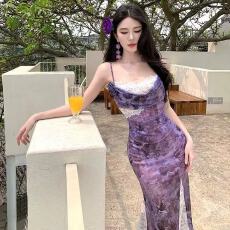 批发轻熟风紫色<b class='q'>连衣裙</b>女夏季收腰包臀吊带裙蕾丝长裙绝美漂亮吊带裙