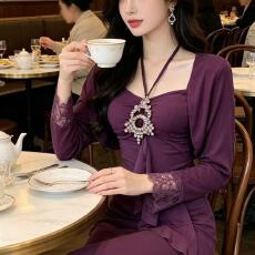 批发御姐风蕾丝挂脖吊带<b class='q'>连衣裙</b>女春秋收腰气质长裙子防晒开衫<b class='q'>两件套</b>装