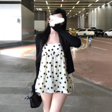 批发纯欲少女感波点裙套装2026春夏季新款薄款黑色开衫吊带裙两件套女