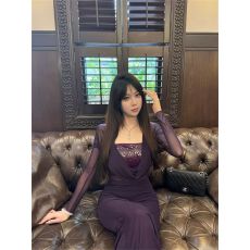 批发御姐性感辣妹紫色抹胸拼接网纱连衣裙气质高级感显身材收腰包臀裙