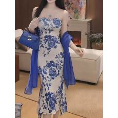 批发传统文艺复古风青花瓷印花露肩露背<b class='q'>连衣裙</b>包臀裙套装
