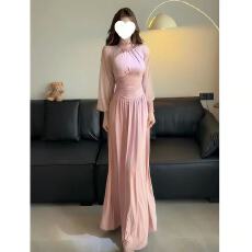 批发法式轻熟风半高领<b class='q'>网纱</b>拼接连衣裙女秋季新款褶皱收腰复古气质<b class='q'>长裙</b>